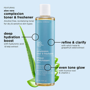 A bottle of aloe vera complexion toner & freshener with text highlighting its benefits on a light blue background.