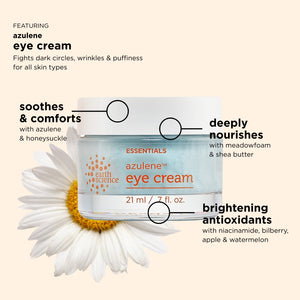 Azulene eye cream packaging with text highlighting its benefits on a light background
