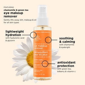 Chamomile and green tea eye makeup remover bottle with daisy flower on beige background