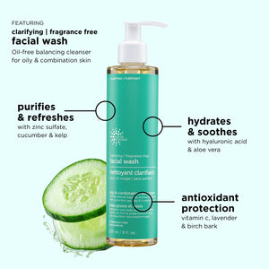 Facial wash bottle with cucumber slices and text highlighting features on a white background