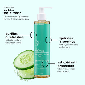Facial wash bottle with cucumber slices and text highlighting features on a white background