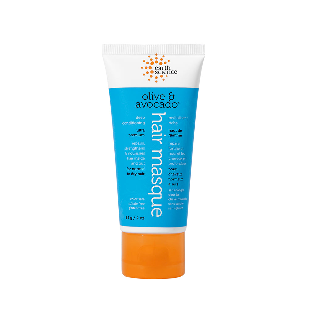 Tube of olive and avocado hair mask with blue label on a white background