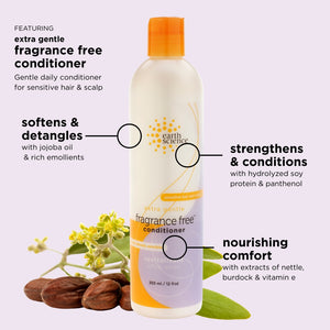 Earth Science fragrance-free conditioner bottle with features listed on a light purple background