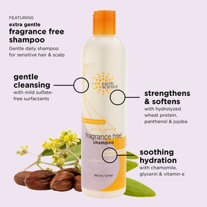 Earth Science fragrance-free shampoo bottle with product features on a light purple background