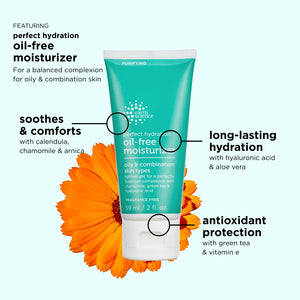 Perfect Hydration Oil-Free Moisturizer Tube with a flower on a light green background.